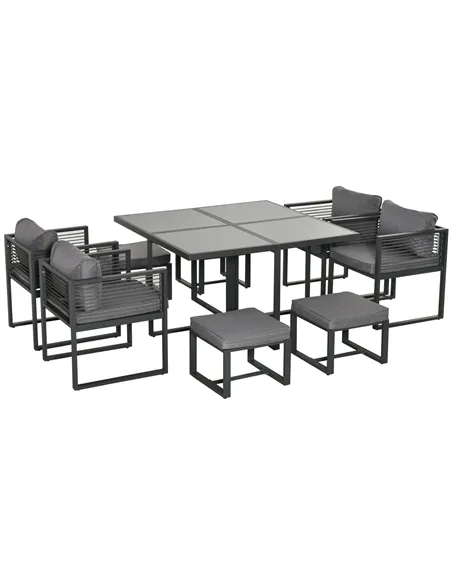 Outsunny Nine-Piece Aluminium Garden Set, with Glass-Top Table - Grey