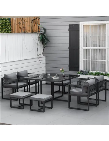 Outsunny Nine-Piece Aluminium Garden Set, with Glass-Top Table - Grey