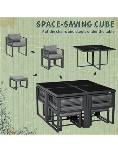 Outsunny Nine-Piece Aluminium Garden Set, with Glass-Top Table - Grey