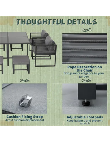 Outsunny Nine-Piece Aluminium Garden Set, with Glass-Top Table - Grey