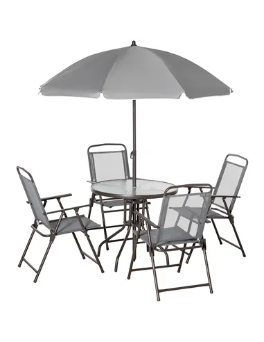 Outsunny 6 Piece Garden Dining Set with Umbrella, Outdoor Dining Sets with Parasol, 4 Folding Dining Chairs & Round Tempered Gla