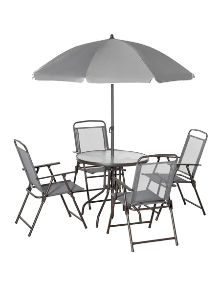 Outsunny 6 Piece Garden Dining Set with Umbrella, Outdoor Dining Sets with Parasol, 4 Folding Dining Chairs & Round Tempered Gla