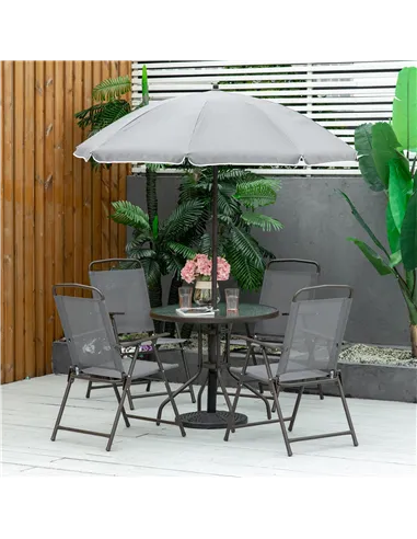 Outsunny 6 Piece Garden Dining Set with Umbrella, Outdoor Dining Sets with Parasol, 4 Folding Dining Chairs & Round Tempered Gla