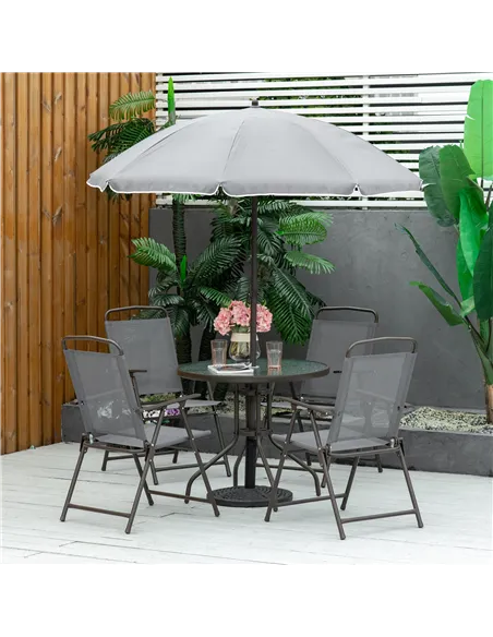 Outsunny 6 Piece Garden Dining Set with Umbrella, Outdoor Dining Sets with Parasol, 4 Folding Dining Chairs & Round Tempered Gla