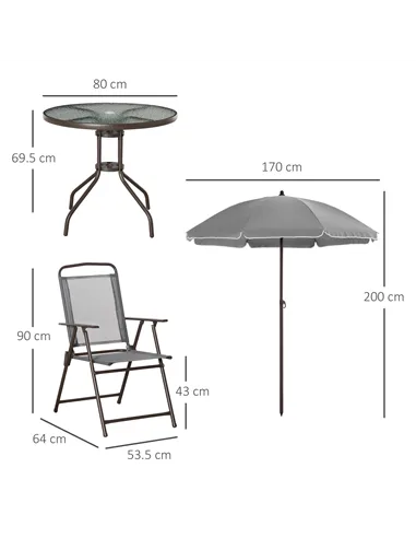 Outsunny 6 Piece Garden Dining Set with Umbrella, Outdoor Dining Sets with Parasol, 4 Folding Dining Chairs & Round Tempered Gla