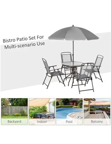 Outsunny 6 Piece Garden Dining Set with Umbrella, Outdoor Dining Sets with Parasol, 4 Folding Dining Chairs & Round Tempered Gla