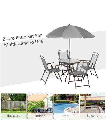 Outsunny 6 Piece Garden Dining Set with Umbrella, Outdoor Dining Sets with Parasol, 4 Folding Dining Chairs & Round Tempered Gla