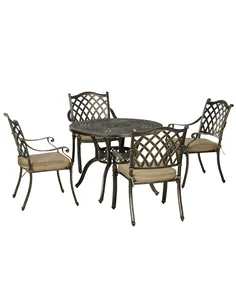 Outsunny 4 Seater Outdoor Dining Set Antique Cast Aluminium Garden Furniture Set with Cushions Round Dining Table with Parasol H