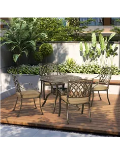 Outsunny 4 Seater Outdoor Dining Set Antique Cast Aluminium Garden Furniture Set with Cushions Round Dining Table with Parasol H 2