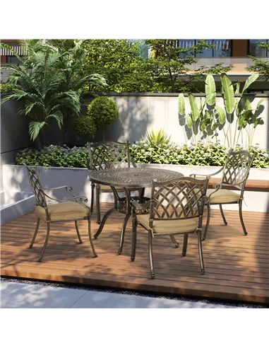 Outsunny 4 Seater Outdoor Dining Set Antique Cast Aluminium Garden Furniture Set with Cushions Round Dining Table with Parasol H