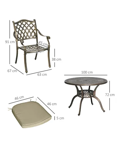 Outsunny 4 Seater Outdoor Dining Set Antique Cast Aluminium Garden Furniture Set with Cushions Round Dining Table with Parasol H