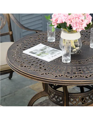 Outsunny 4 Seater Outdoor Dining Set Antique Cast Aluminium Garden Furniture Set with Cushions Round Dining Table with Parasol H