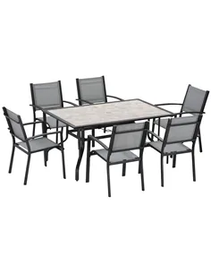 Outsunny 7 Pieces Garden Dining Set, 6 Seater Garden Table and Chairs with Parasol Hole, Outdoor Furniture Armchairs and Stone-l