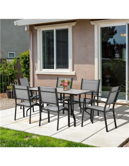 Outsunny 7 Pieces Garden Dining Set, 6 Seater Garden Table and Chairs with Parasol Hole, Outdoor Furniture Armchairs and Stone-l