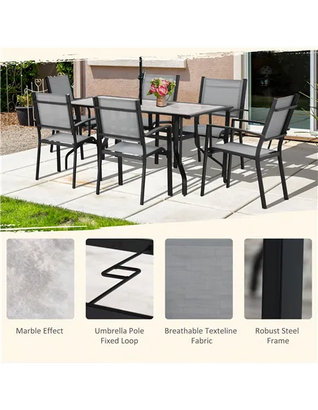 Outsunny 7 Pieces Garden Dining Set, 6 Seater Garden Table and Chairs with Parasol Hole, Outdoor Furniture Armchairs and Stone-l