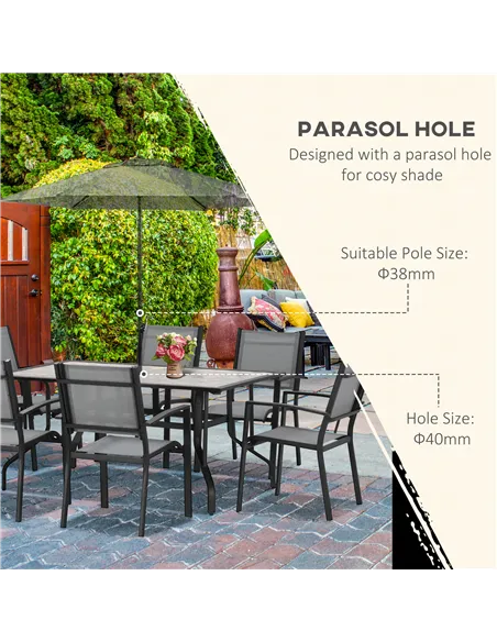 Outsunny 7 Pieces Garden Dining Set, 6 Seater Garden Table and Chairs with Parasol Hole, Outdoor Furniture Armchairs and Stone-l