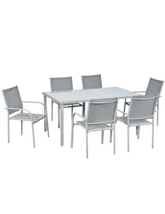 Outsunny 7 Piece Garden Dining Set, Outdoor Table and 6 Stackable Chairs, Steel Frame, Tempered Glass Top Table, Mesh Seats, Gre