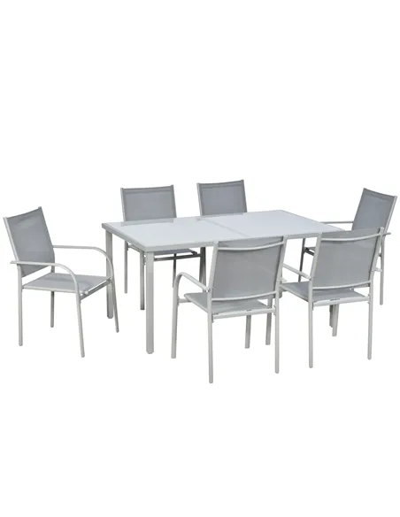 Outsunny 7 Piece Garden Dining Set, Outdoor Table and 6 Stackable Chairs, Steel Frame, Tempered Glass Top Table, Mesh Seats, Gre