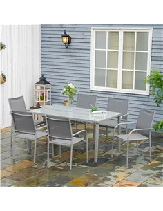 Outsunny 7 Piece Garden Dining Set, Outdoor Table and 6 Stackable Chairs, Steel Frame, Tempered Glass Top Table, Mesh Seats, Gre 2