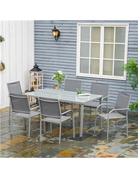 Outsunny 7 Piece Garden Dining Set, Outdoor Table and 6 Stackable Chairs, Steel Frame, Tempered Glass Top Table, Mesh Seats, Gre