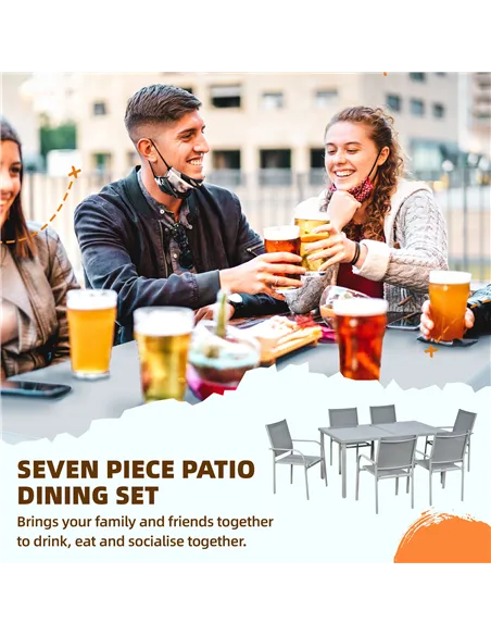 Outsunny 7 Piece Garden Dining Set, Outdoor Table and 6 Stackable Chairs, Steel Frame, Tempered Glass Top Table, Mesh Seats, Gre