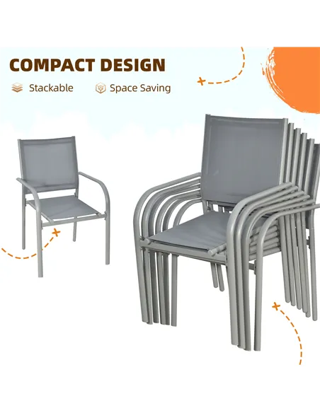 Outsunny 7 Piece Garden Dining Set, Outdoor Table and 6 Stackable Chairs, Steel Frame, Tempered Glass Top Table, Mesh Seats, Gre
