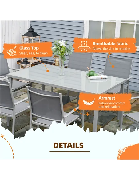 Outsunny 7 Piece Garden Dining Set, Outdoor Table and 6 Stackable Chairs, Steel Frame, Tempered Glass Top Table, Mesh Seats, Gre