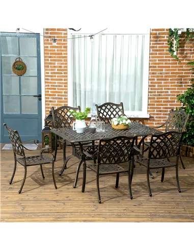 Outsunny 7 PCs Garden Patio Dining Set with Parasol Hole, Cast Aluminium Outdoor Furniture Set with Six Cushioned Chairs and Rec