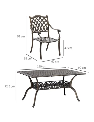 Outsunny 7 PCs Garden Patio Dining Set with Parasol Hole, Cast Aluminium Outdoor Furniture Set with Six Cushioned Chairs and Rec