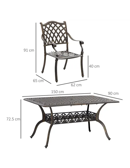 Outsunny 7 PCs Garden Patio Dining Set with Parasol Hole, Cast Aluminium Outdoor Furniture Set with Six Cushioned Chairs and Rec