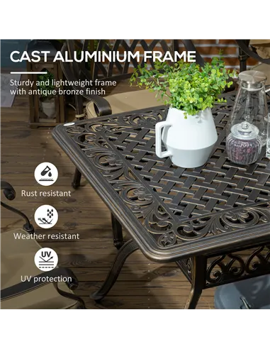 Outsunny 7 PCs Garden Patio Dining Set with Parasol Hole, Cast Aluminium Outdoor Furniture Set with Six Cushioned Chairs and Rec