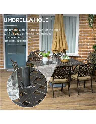 Outsunny 7 PCs Garden Patio Dining Set with Parasol Hole, Cast Aluminium Outdoor Furniture Set with Six Cushioned Chairs and Rec