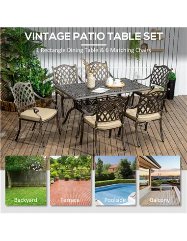 Outsunny 7 PCs Garden Patio Dining Set with Parasol Hole, Cast Aluminium Outdoor Furniture Set with Six Cushioned Chairs and Rec