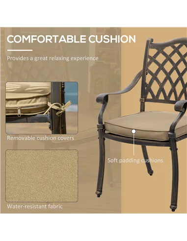 Outsunny 7 PCs Garden Patio Dining Set with Parasol Hole, Cast Aluminium Outdoor Furniture Set with Six Cushioned Chairs and Rec