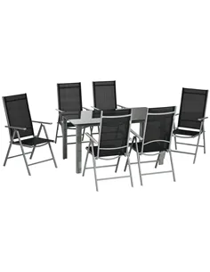 Outsunny 7 Piece Garden Dining Set, Outdoor Table and 6  Folding and Reclining Chairs, Aluminium Frame, Tempered Glass Top Table