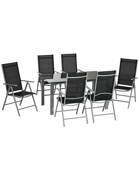 Outsunny 7 Piece Garden Dining Set, Outdoor Table and 6  Folding and Reclining Chairs, Aluminium Frame, Tempered Glass Top Table