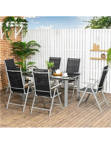 Outsunny 7 Piece Garden Dining Set, Outdoor Table and 6  Folding and Reclining Chairs, Aluminium Frame, Tempered Glass Top Table
