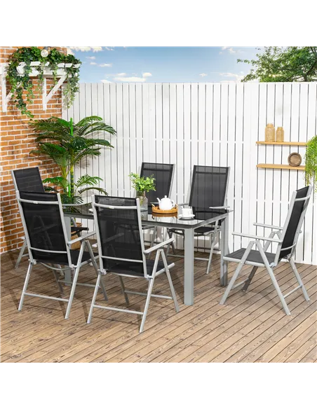 Outsunny 7 Piece Garden Dining Set, Outdoor Table and 6  Folding and Reclining Chairs, Aluminium Frame, Tempered Glass Top Table