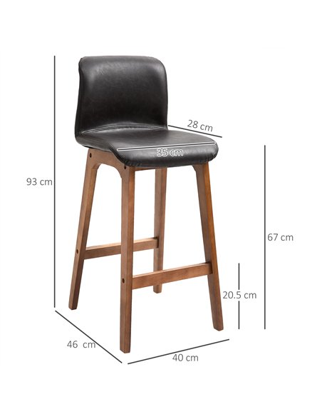 HOMCOM Modern Bar Stools Set of 2, PU Leather Upholstered Bar Chairs with Wooden Frame, Footrest for Home Bar, Dining Room