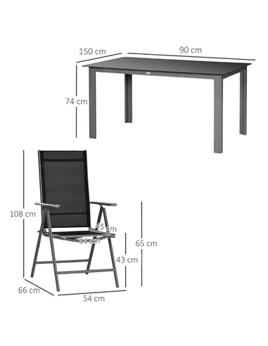 Outsunny 7 Piece Garden Dining Set, Outdoor Table and 6  Folding and Reclining Chairs, Aluminium Frame, Tempered Glass Top Table