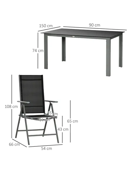 Outsunny 7 Piece Garden Dining Set, Outdoor Table and 6  Folding and Reclining Chairs, Aluminium Frame, Tempered Glass Top Table