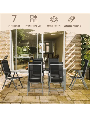 Outsunny 7 Piece Garden Dining Set, Outdoor Table and 6  Folding and Reclining Chairs, Aluminium Frame, Tempered Glass Top Table