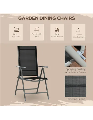 Outsunny 7 Piece Garden Dining Set, Outdoor Table and 6  Folding and Reclining Chairs, Aluminium Frame, Tempered Glass Top Table