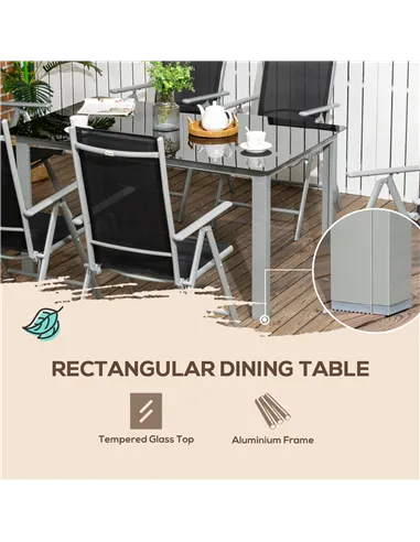 Outsunny 7 Piece Garden Dining Set, Outdoor Table and 6  Folding and Reclining Chairs, Aluminium Frame, Tempered Glass Top Table