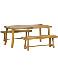 Outsunny 3 Pieces Picnic Bench Set with Table and 2 Benches, Acacia wood Dining Trestle Beer Table and Seat,  Natural Wood Finis