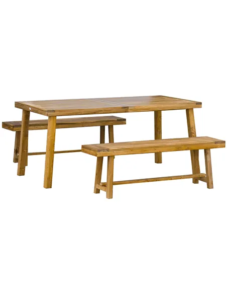 Outsunny 3 Pieces Picnic Bench Set with Table and 2 Benches, Acacia wood Dining Trestle Beer Table and Seat,  Natural Wood Finis