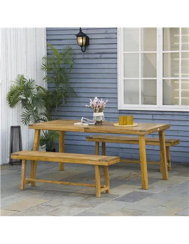 Outsunny 3 Pieces Picnic Bench Set with Table and 2 Benches, Acacia wood Dining Trestle Beer Table and Seat,  Natural Wood Finis