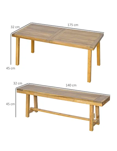 Outsunny 3 Pieces Picnic Bench Set with Table and 2 Benches, Acacia wood Dining Trestle Beer Table and Seat,  Natural Wood Finis