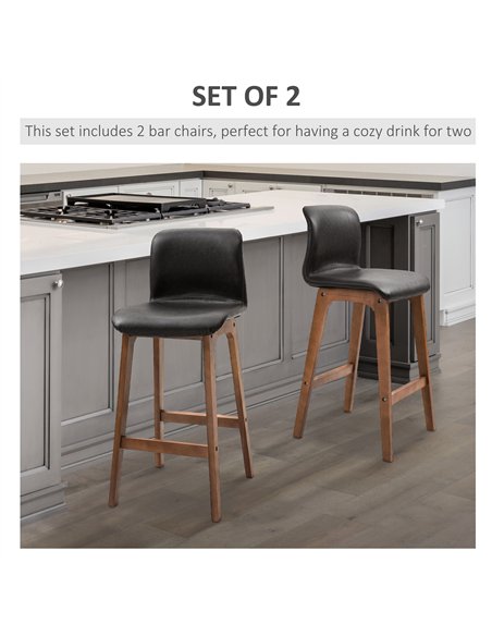 HOMCOM Modern Bar Stools Set of 2, PU Leather Upholstered Bar Chairs with Wooden Frame, Footrest for Home Bar, Dining Room