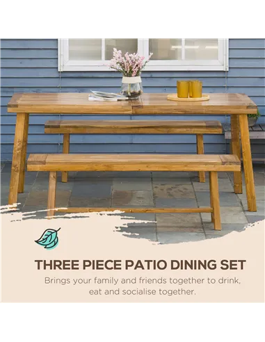 Outsunny 3 Pieces Picnic Bench Set with Table and 2 Benches, Acacia wood Dining Trestle Beer Table and Seat,  Natural Wood Finis